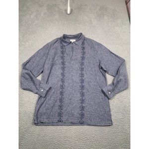 Banana Republic Blue Chambray Tunic Blouse Linen Blend Embroidered‎ Large 16